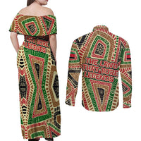 Darfur Sudan Couples Matching Off Shoulder Maxi Dress and Long Sleeve Button Shirt with Red Green Beige Tribal Pattern - Wonder Print Shop
