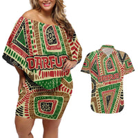 Darfur Sudan Couples Matching Off Shoulder Short Dress and Hawaiian Shirt with Red Green Beige Tribal Pattern - Wonder Print Shop