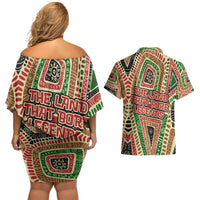 Darfur Sudan Couples Matching Off Shoulder Short Dress and Hawaiian Shirt with Red Green Beige Tribal Pattern - Wonder Print Shop
