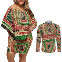 Darfur Sudan Couples Matching Off Shoulder Short Dress and Long Sleeve Button Shirt with Red Green Beige Tribal Pattern - Wonder Print Shop