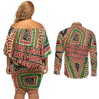 Darfur Sudan Couples Matching Off Shoulder Short Dress and Long Sleeve Button Shirt with Red Green Beige Tribal Pattern - Wonder Print Shop
