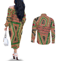 Darfur Sudan Couples Matching Off The Shoulder Long Sleeve Dress and Long Sleeve Button Shirt with Red Green Beige Tribal Pattern - Wonder Print Shop