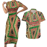 Darfur Sudan Couples Matching Short Sleeve Bodycon Dress and Hawaiian Shirt with Red Green Beige Tribal Pattern - Wonder Print Shop