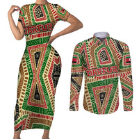 Darfur Sudan Couples Matching Short Sleeve Bodycon Dress and Long Sleeve Button Shirt with Red Green Beige Tribal Pattern - Wonder Print Shop