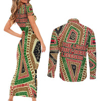 Darfur Sudan Couples Matching Short Sleeve Bodycon Dress and Long Sleeve Button Shirt with Red Green Beige Tribal Pattern - Wonder Print Shop