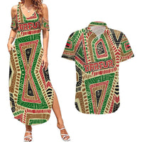 Darfur Sudan Couples Matching Summer Maxi Dress and Hawaiian Shirt with Red Green Beige Tribal Pattern - Wonder Print Shop