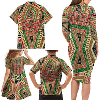 Darfur Sudan Family Matching Long Sleeve Bodycon Dress and Hawaiian Shirt with Red Green Beige Tribal Pattern - Wonder Print Shop