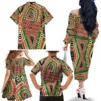 Darfur Sudan Family Matching Off The Shoulder Long Sleeve Dress and Hawaiian Shirt with Red Green Beige Tribal Pattern - Wonder Print Shop