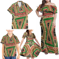 Darfur Sudan Family Matching Off Shoulder Maxi Dress and Hawaiian Shirt with Red Green Beige Tribal Pattern - Wonder Print Shop
