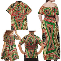 Darfur Sudan Family Matching Off Shoulder Maxi Dress and Hawaiian Shirt with Red Green Beige Tribal Pattern - Wonder Print Shop