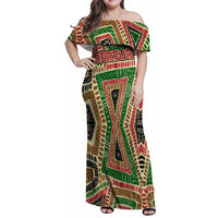 Darfur Sudan Family Matching Off Shoulder Maxi Dress and Hawaiian Shirt with Red Green Beige Tribal Pattern - Wonder Print Shop