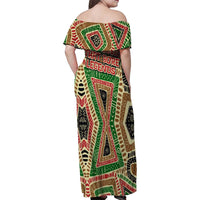 Darfur Sudan Family Matching Off Shoulder Maxi Dress and Hawaiian Shirt with Red Green Beige Tribal Pattern - Wonder Print Shop