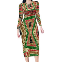 Darfur Sudan Long Sleeve Bodycon Dress with Red Green Beige Tribal Pattern - Wonder Print Shop