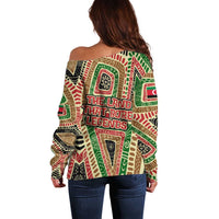 Darfur Sudan Off Shoulder Sweater with Red Green Beige Tribal Pattern - Wonder Print Shop