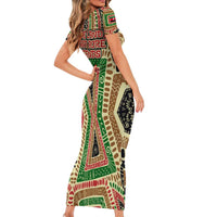 Darfur Sudan Short Sleeve Bodycon Dress with Red Green Beige Tribal Pattern - Wonder Print Shop