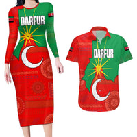 Darfur Sudan Couples Matching Long Sleeve Bodycon Dress and Hawaiian Shirt with Red Green Yellow Crescent Star - Wonder Print Shop