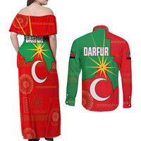 Darfur Sudan Couples Matching Off Shoulder Maxi Dress and Long Sleeve Button Shirt with Red Green Yellow Crescent Star - Wonder Print Shop