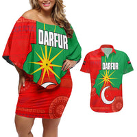 Darfur Sudan Couples Matching Off Shoulder Short Dress and Hawaiian Shirt with Red Green Yellow Crescent Star - Wonder Print Shop