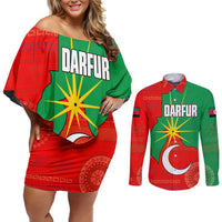 Darfur Sudan Couples Matching Off Shoulder Short Dress and Long Sleeve Button Shirt with Red Green Yellow Crescent Star - Wonder Print Shop