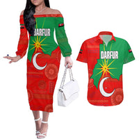 Darfur Sudan Couples Matching Off The Shoulder Long Sleeve Dress and Hawaiian Shirt with Red Green Yellow Crescent Star - Wonder Print Shop