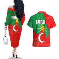 Darfur Sudan Couples Matching Off The Shoulder Long Sleeve Dress and Hawaiian Shirt with Red Green Yellow Crescent Star - Wonder Print Shop