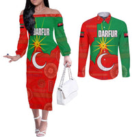 Darfur Sudan Couples Matching Off The Shoulder Long Sleeve Dress and Long Sleeve Button Shirt with Red Green Yellow Crescent Star - Wonder Print Shop