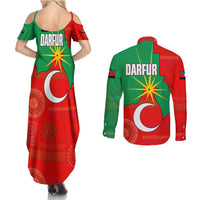 Darfur Sudan Couples Matching Summer Maxi Dress and Long Sleeve Button Shirt with Red Green Yellow Crescent Star - Wonder Print Shop