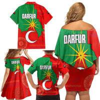 Darfur Sudan Family Matching Off Shoulder Short Dress and Hawaiian Shirt with Red Green Yellow Crescent Star - Wonder Print Shop