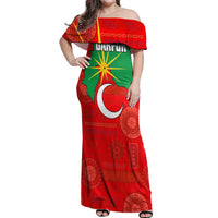 Darfur Sudan Off Shoulder Maxi Dress with Red Green Yellow Crescent Star - Wonder Print Shop
