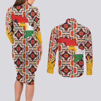Iraq Kurdistan Region Couples Matching Long Sleeve Bodycon Dress and Long Sleeve Button Shirt Traditional Pattern Yellow Red Green - Wonder Print Shop