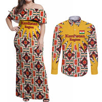 Iraq Kurdistan Region Couples Matching Off Shoulder Maxi Dress and Long Sleeve Button Shirt Traditional Pattern Yellow Red Green - Wonder Print Shop