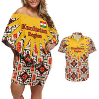 Iraq Kurdistan Region Couples Matching Off Shoulder Short Dress and Hawaiian Shirt Traditional Pattern Yellow Red Green - Wonder Print Shop