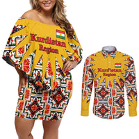 Iraq Kurdistan Region Couples Matching Off Shoulder Short Dress and Long Sleeve Button Shirt Traditional Pattern Yellow Red Green - Wonder Print Shop
