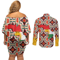 Iraq Kurdistan Region Couples Matching Off Shoulder Short Dress and Long Sleeve Button Shirt Traditional Pattern Yellow Red Green - Wonder Print Shop
