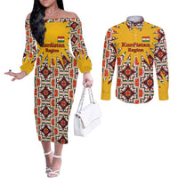 Iraq Kurdistan Region Couples Matching Off The Shoulder Long Sleeve Dress and Long Sleeve Button Shirt Traditional Pattern Yellow Red Green - Wonder Print Shop