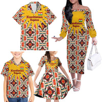 Iraq Kurdistan Region Family Matching Off The Shoulder Long Sleeve Dress and Hawaiian Shirt Traditional Pattern Yellow Red Green - Wonder Print Shop