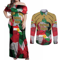 Kurdistan Region Iraq Couples Matching Off Shoulder Maxi Dress and Long Sleeve Button Shirt Eagle Emblem Red Green Black - Wonder Print Shop