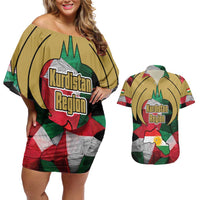 Kurdistan Region Iraq Couples Matching Off Shoulder Short Dress and Hawaiian Shirt Eagle Emblem Red Green Black - Wonder Print Shop