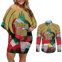 Kurdistan Region Iraq Couples Matching Off Shoulder Short Dress and Long Sleeve Button Shirt Eagle Emblem Red Green Black - Wonder Print Shop