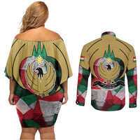 Kurdistan Region Iraq Couples Matching Off Shoulder Short Dress and Long Sleeve Button Shirt Eagle Emblem Red Green Black - Wonder Print Shop