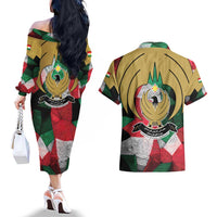 Kurdistan Region Iraq Couples Matching Off The Shoulder Long Sleeve Dress and Hawaiian Shirt Eagle Emblem Red Green Black - Wonder Print Shop