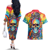 Floral Skull Couples Matching Off The Shoulder Long Sleeve Dress and Hawaiian Shirt I'm Blunt because god rolled me that way - Wonder Print Shop