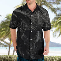 Black Hawaiian shirt with skull graphic front, short sleeves, button-up collar