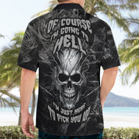 Black Hawaiian shirt back panel with skull graphic and 'going to hell' text