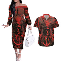 Demon Skull Couples Matching Off The Shoulder Long Sleeve Dress and Hawaiian Shirt Welcome to Hell - Wonder Print Shop