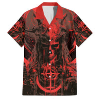 Red collar button-up Hawaiian shirt with skull and 'Welcome to Hell' front print