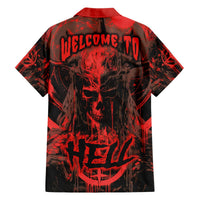 Red and black skull graphic Hawaiian shirt with 'WELCOME TO' back print