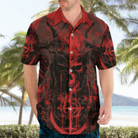 Red and black skull Hawaiian shirt, short sleeves, button front, worn by adult