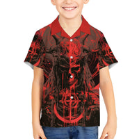 Red and black skull Hawaiian shirt with button front and scattered graphic print