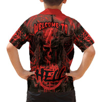 Red and black skull Hawaiian shirt with 'WELCOME TO' back graphic print